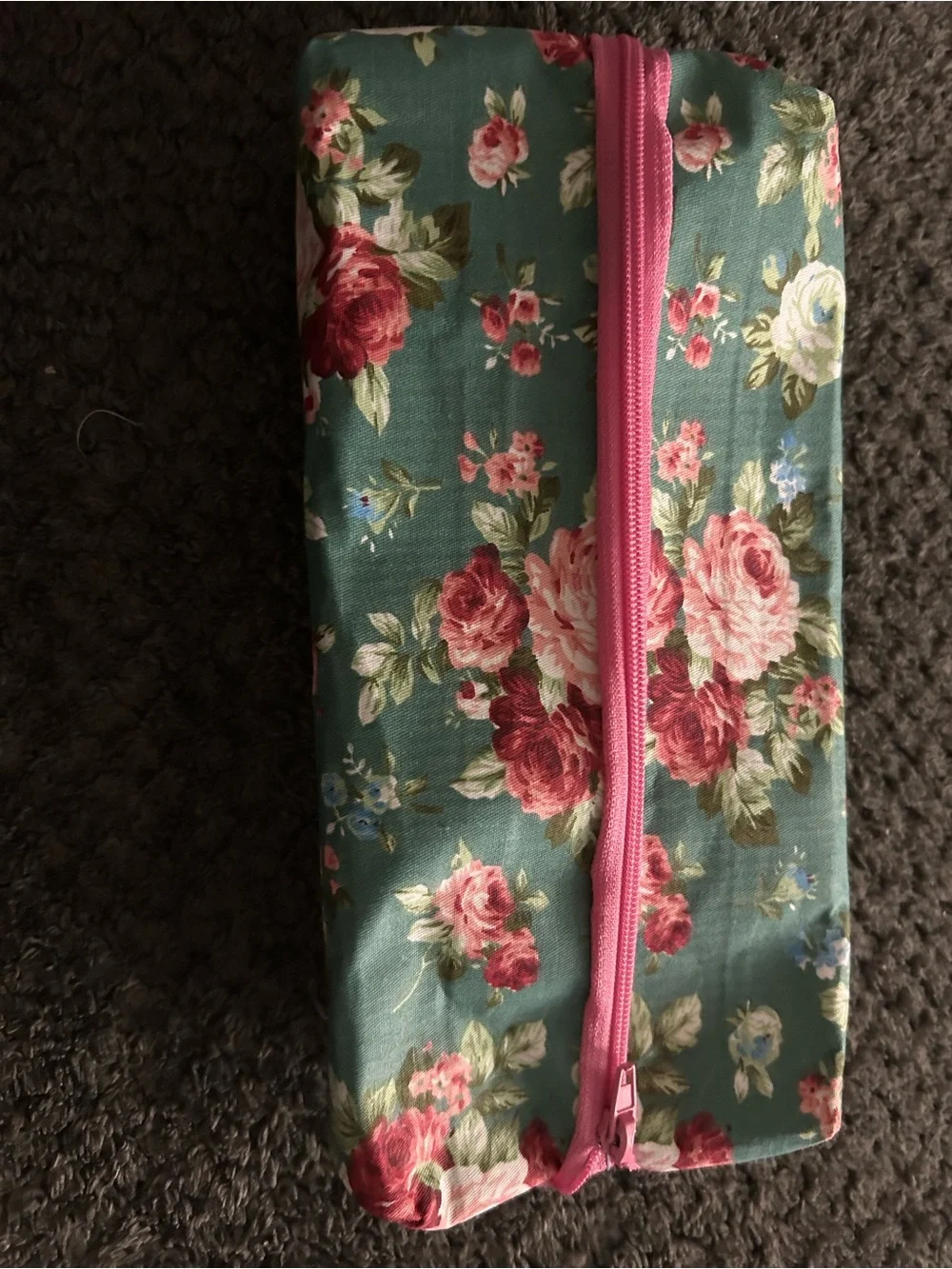 Hand Crafted Floral Pencil Case - Teal with Pink Roses